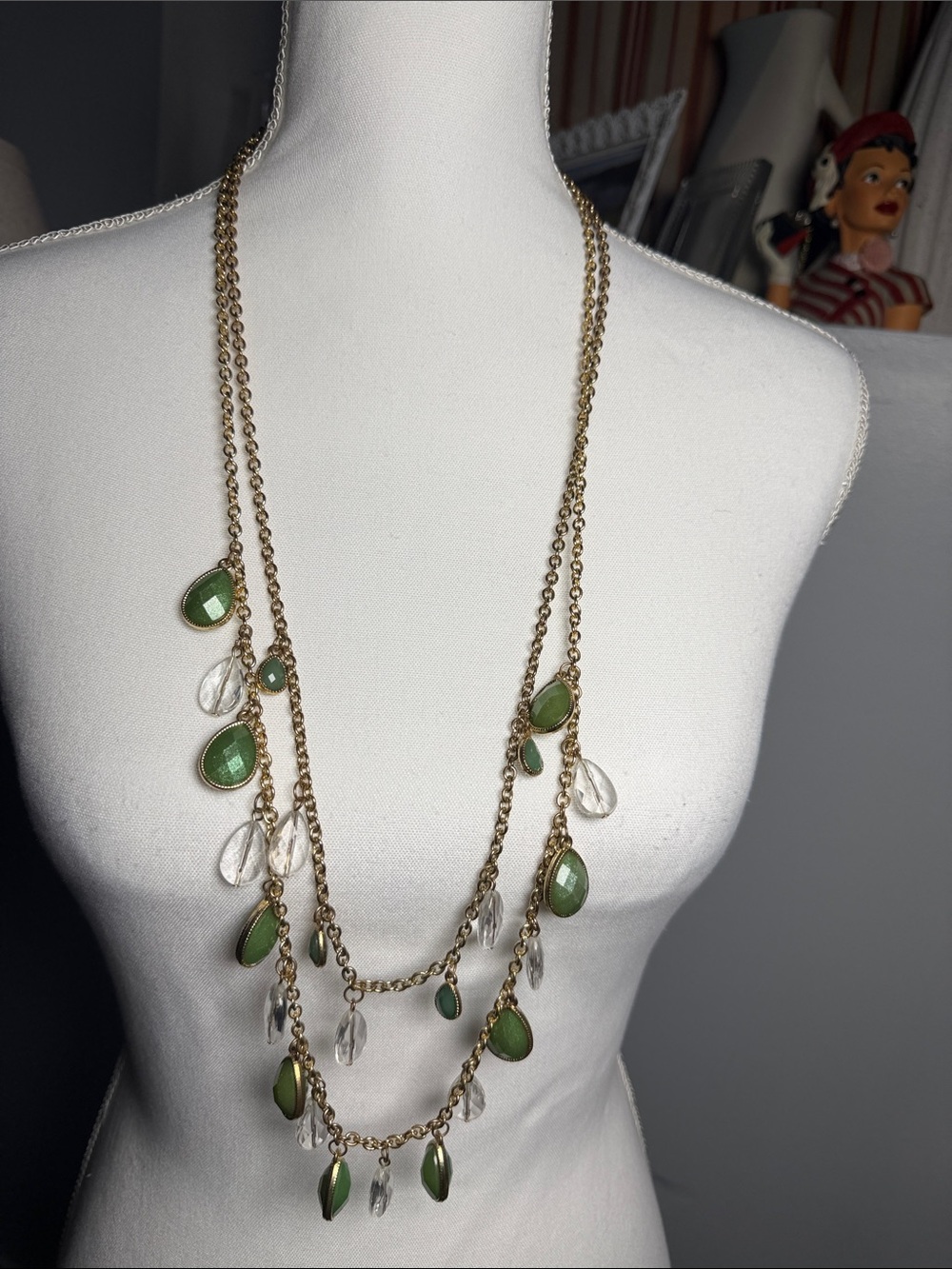 Gold Chain Multi-Strand Necklace with Green and Clear Drops
